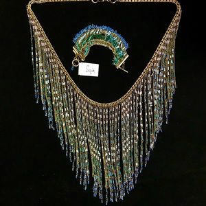 Sequin-NYC Bead Statement Fringe Bib Necklace Set